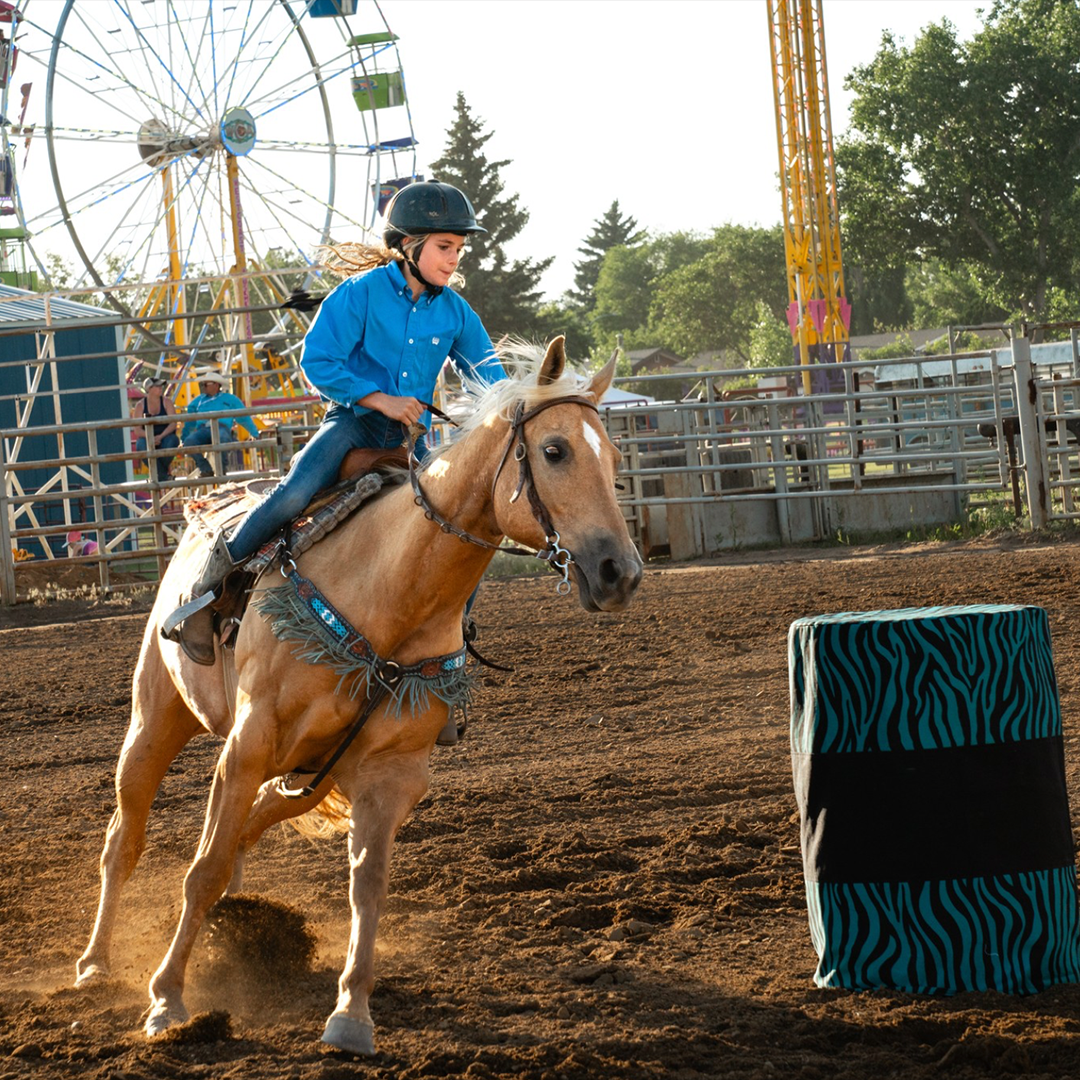 A cowboy rides a bucking horse in a rodeo, showcasing excitement and skill, with spectators and equipment in the background.